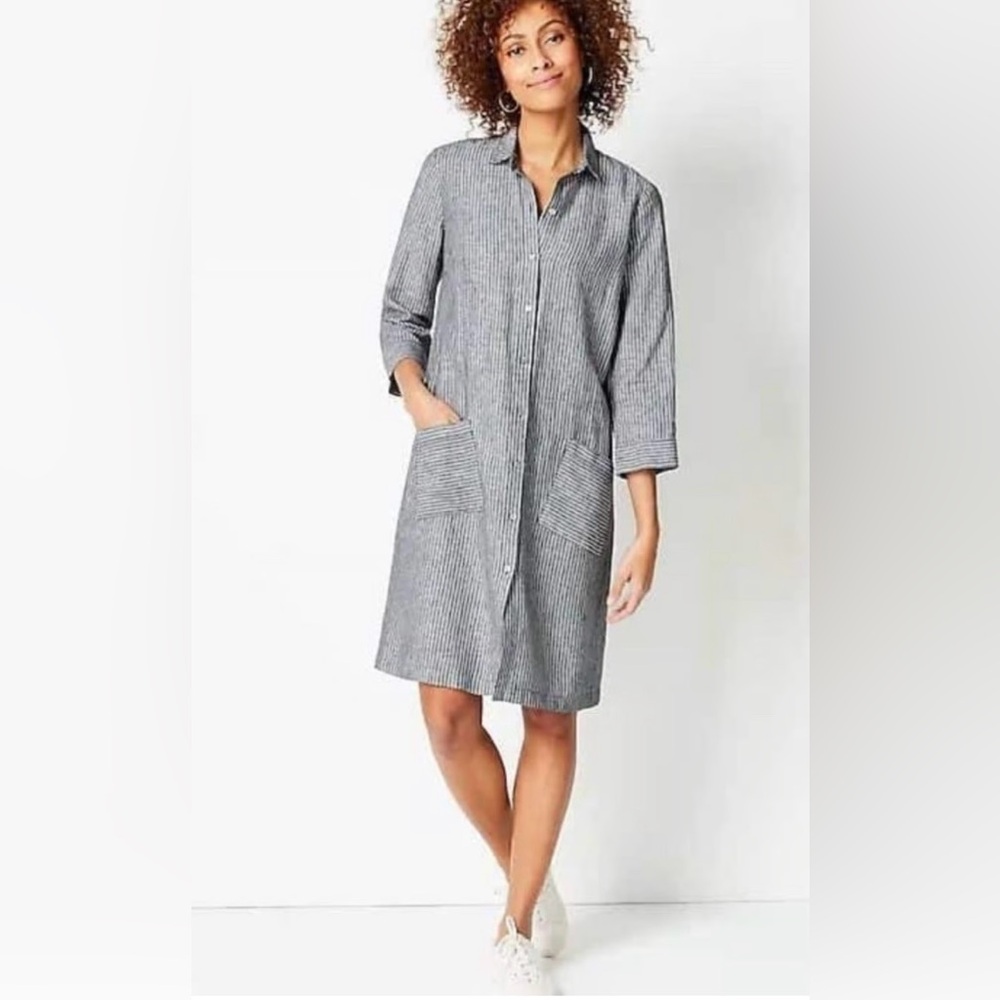 Jill Love 100% Linen Stripped Shirt Dress NWOT Size XS Charcoal/White